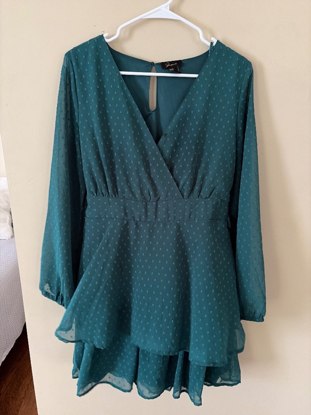 Green ruffle dress with sheer long sleeves